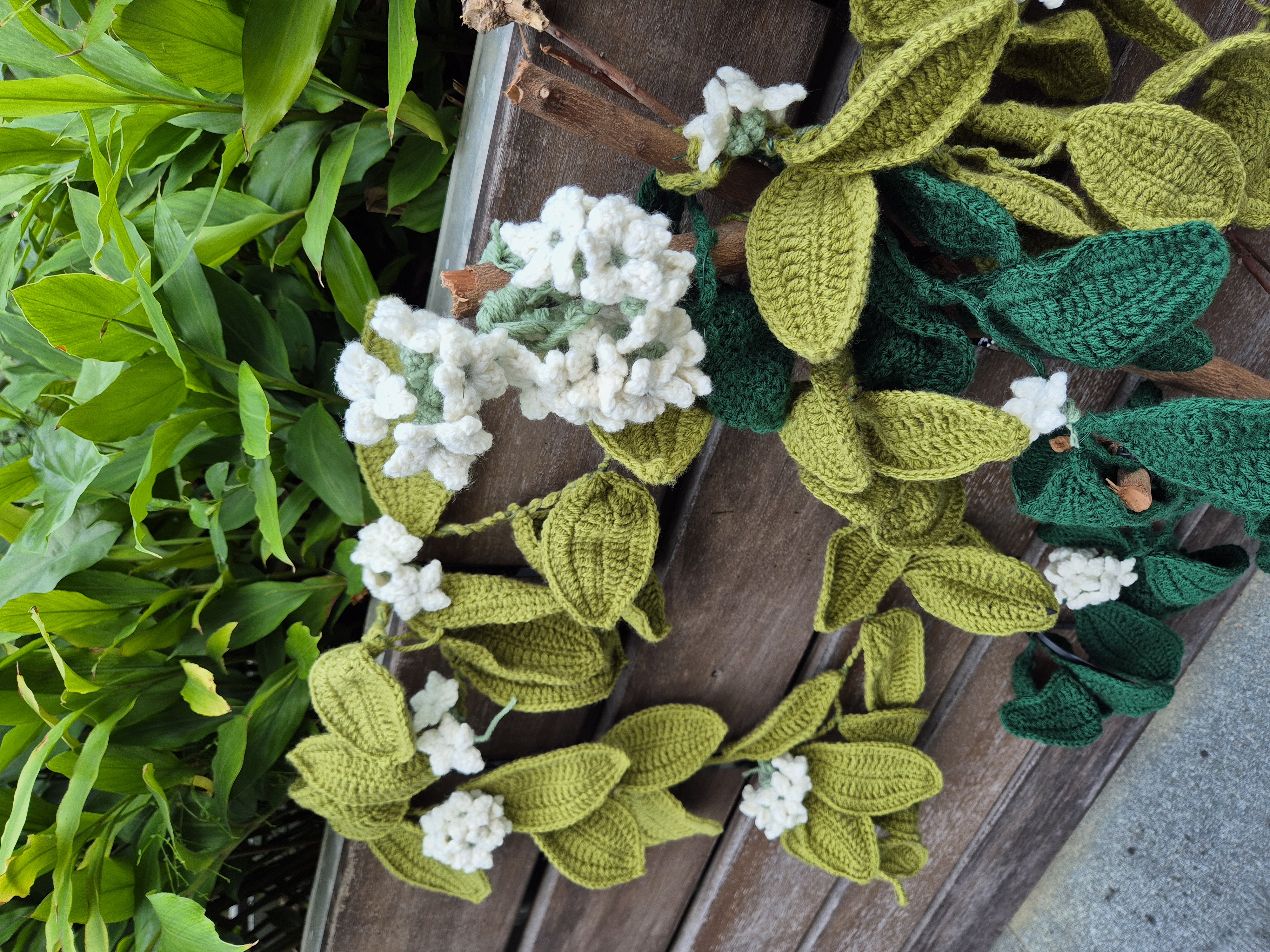 Crocheted bread flower vines installed at Armenian Street for Singapore Art Week.